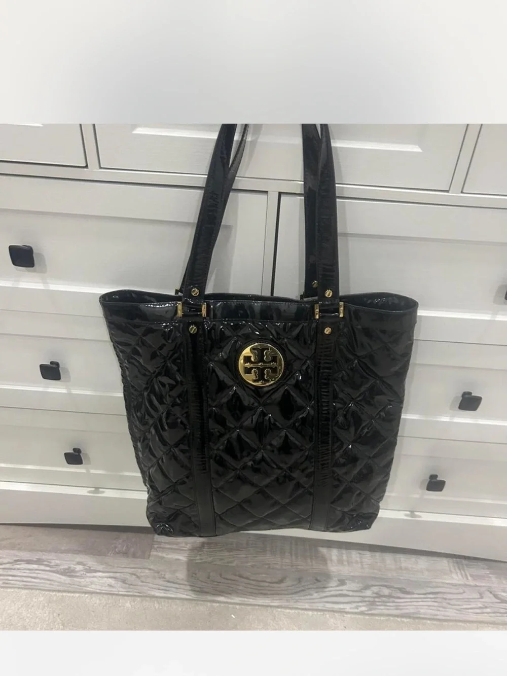 Tory Burch Betty Black Patent Leather Quilted Extra Large Tote